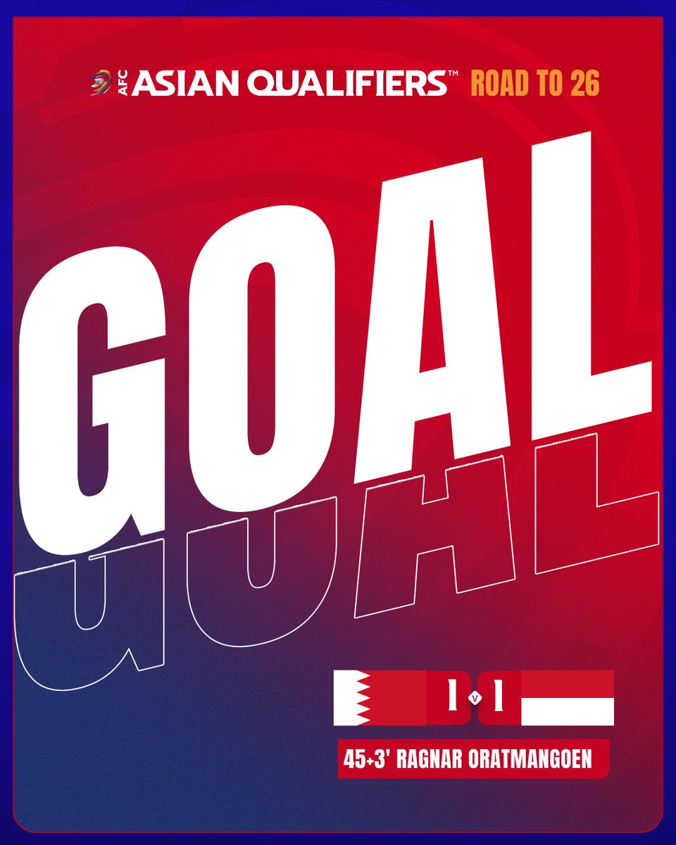 afcasiancup's tweet photo. GOAL | 🇧🇭 Bahrain 1️⃣-1️⃣ Indonesia 🇮🇩

Indonesia fight back! Ragnar Oratmangoen sneaks in the equaliser just before the break!

📺 Watch 𝙇𝙄𝙑𝙀: https://t.co/yCb3TagipU

#AsianQualifiers | #BHRvIDN https://t.co/GXspSZSzac