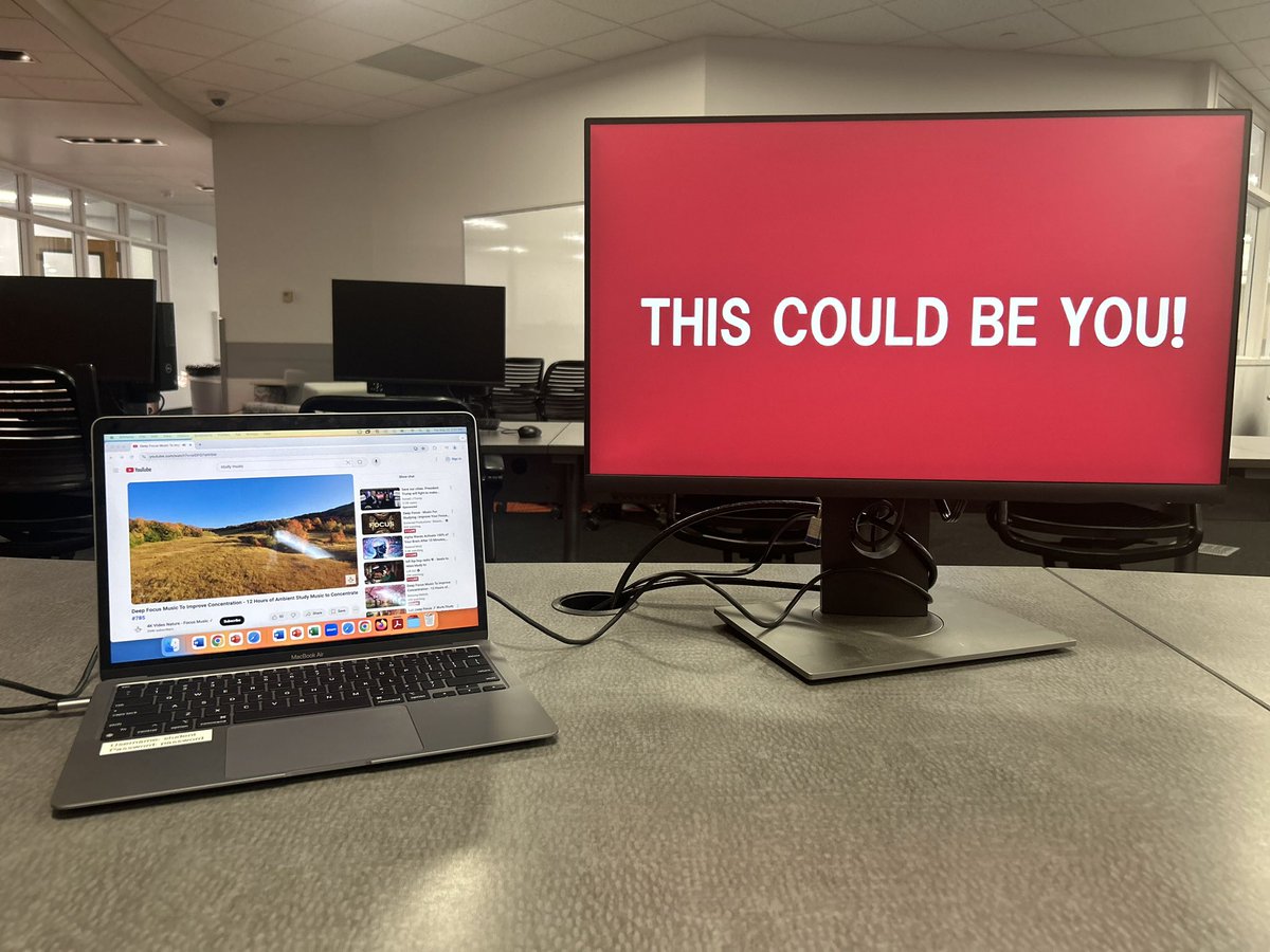 If you’re looking for a way to connect your laptop to a second monitor, come to the TECH center! All monitors with a green flag have USB-C cables that you can plug into a personal device. More screens = better grades if you ask us!