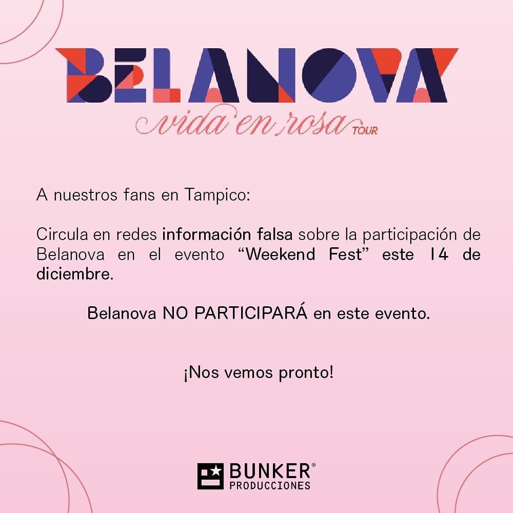 TampicososTV's tweet photo. Belanova no estará en el #WeekendFest 2024 de #Tampico! https://t.co/sz5eMLcA30