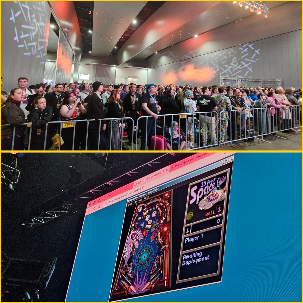 Entertainment in the Queue Hall has kicked off at #PAXAus this morning! 

3D Pinball for Windows? Don't mind if we do!