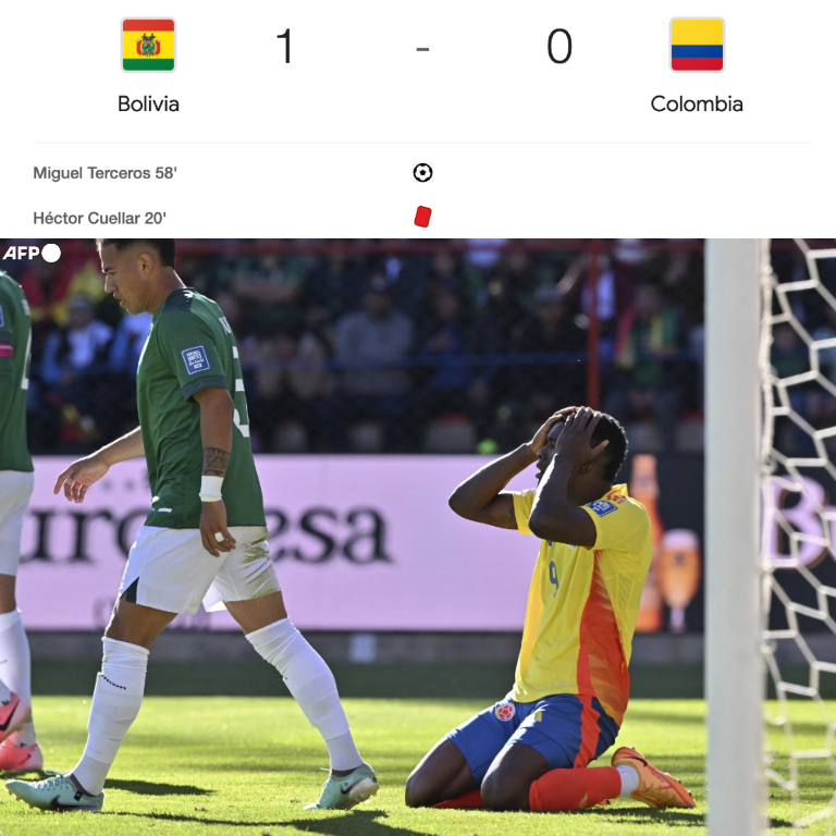 InvictosSomos's tweet photo. ¡¡BOLIVIA LE GANÓ A COLOMBIA!! Con golazo de Miguel Terceros, la Selección de Bolivia venció a Colombia en las eliminatorias de Sudamérica. Pese a jugar con 10 hombres casi todo el partido, el conjunto boliviano derrotó al subcampeón de América en El Alto. Le quitaron el invicto al cuadro de Néstor Lorenzo. Y además, en estos momentos, Bolivia está en zona de CLASIFICACIÓN DIRECTA al próximo mundial. TREMENDO.