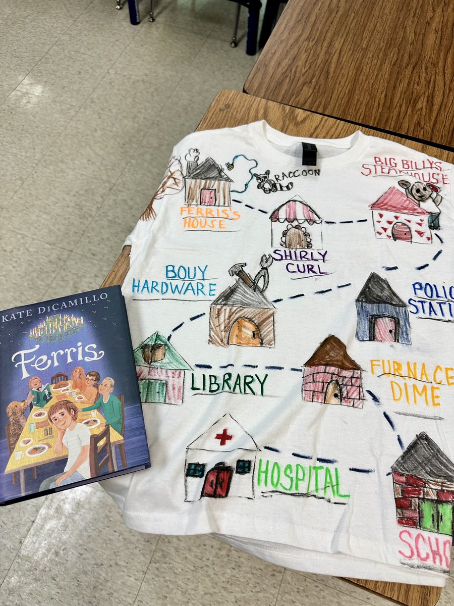 TuttlesClass's tweet image. This book report is so incredible! The student walked us through the story as she pointed to different locations from the story on her shirt. @KateDiCamillo