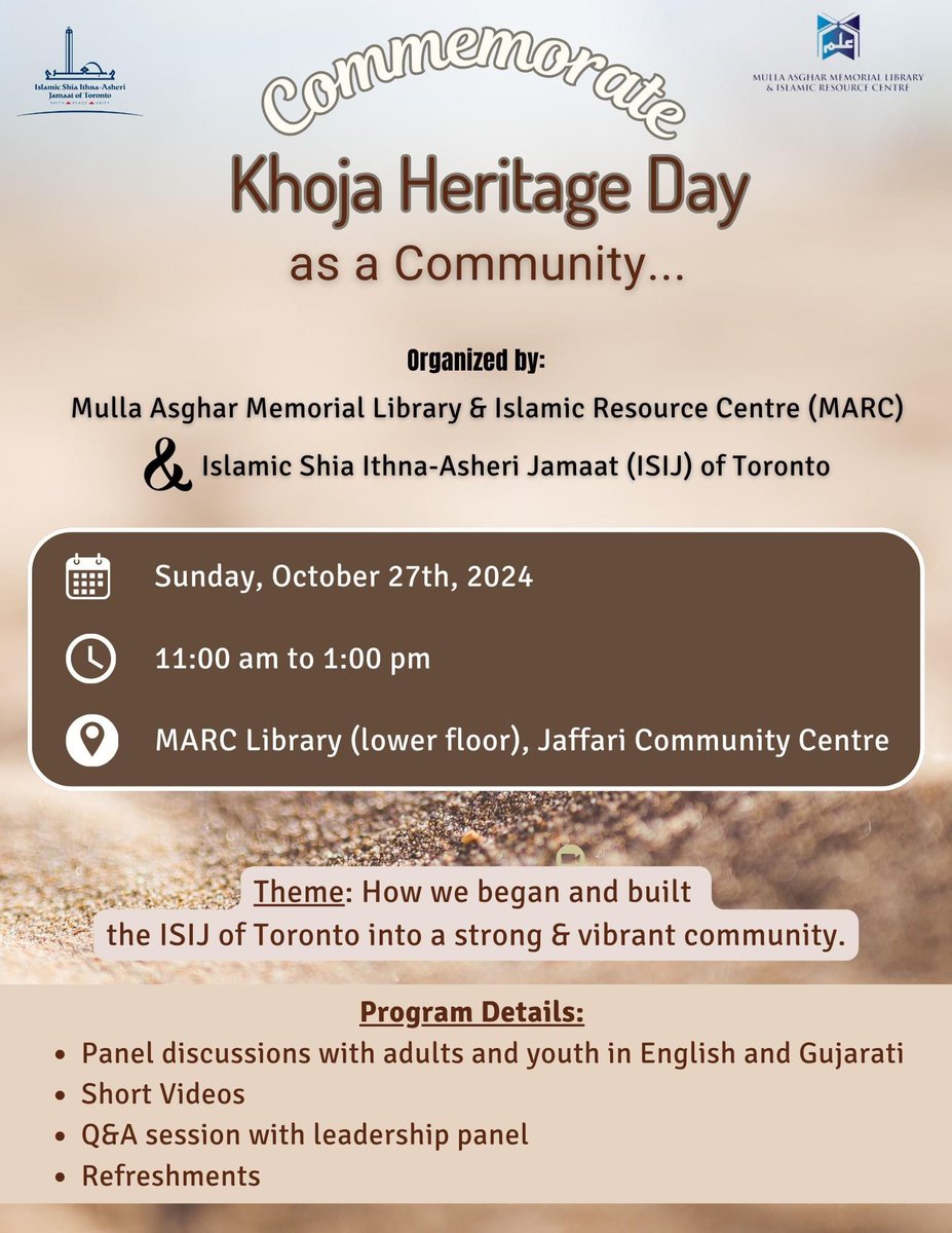 Together with <a href="/MullaAsgharLib/">Mulla Asghar Library</a>, we are pleased to invite you to celebrate Khoja Heritage Day on Sunday, October 27th, 2024 from 11 am to 1 pm at the MARC Library. ⁣#khoja #khojaheritageday #khojaheritage #MARCLibrary #mullaasgharmemoriallibrary <a href="/JaffariCC/">Jaffari Community Centre - JCC Toronto</a>