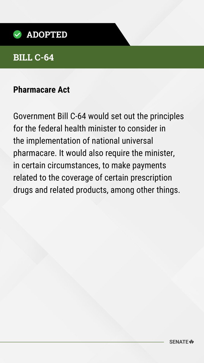 Bill #C64 has been adopted at third reading in the Senate: ow.ly/efrb50TIZZu
 
#SenCA #CdnPoli