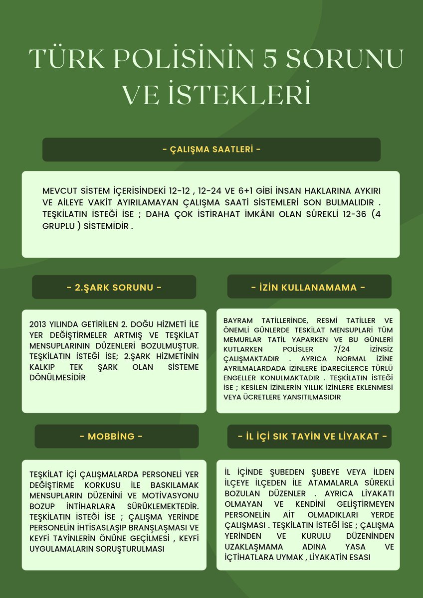 Polislerimiz huzurlu olsun ki işlerini severek yapabilsinler. Herşeyin öncesinde bir Polis Sendikası olmalı. İkinci olarak çoğu memura verilen resmi ve dini tatiller polisin yıllık iznine eklenmeli. Polislerin çalışma şartları da mutlaka iyileştirilmeli.

#EmniyeteKanun