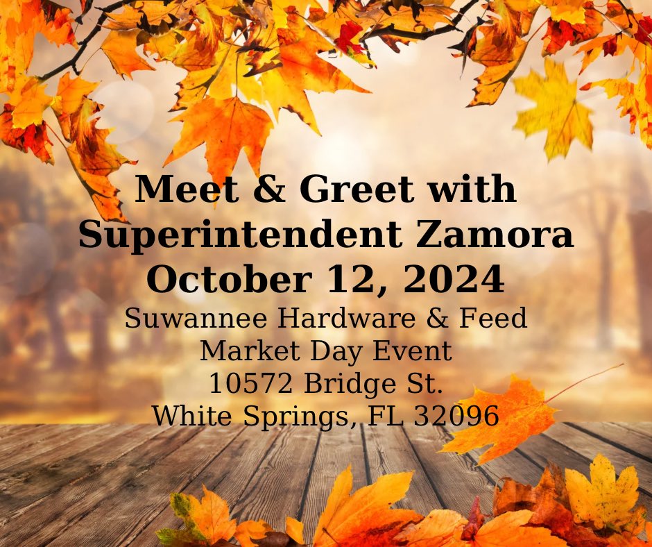 Thoughts and prayers go out to everyone recovering from Helene and all of those impacted by Milton!  We hope to see our community in White Springs this Saturday as we support our terrific Superintendent!  She has done SO MUCH for our school system!  Stop by the booth to say hey!