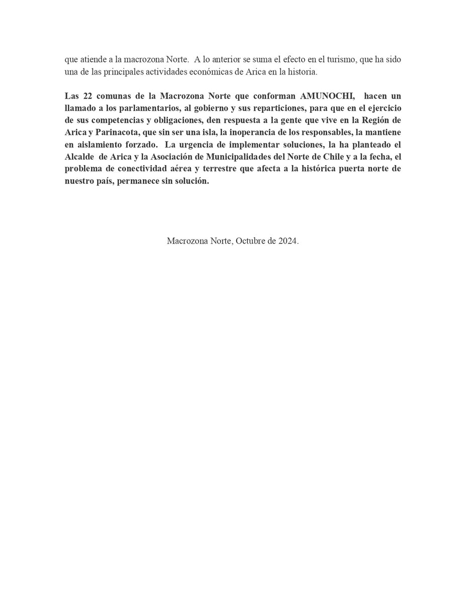 AMUNOCHI, que reúne a 22 comunas de la Macrozona Norte, pide solución al problema de conectividad aérea y terrestre de #Arica, cuyas consecuencias sociales y económicas afectan a todo el norte #Iquique #Antofagasta #Calama #Caldera #Vallenar #Pica #SanPedrodeAtacama #Tocopilla