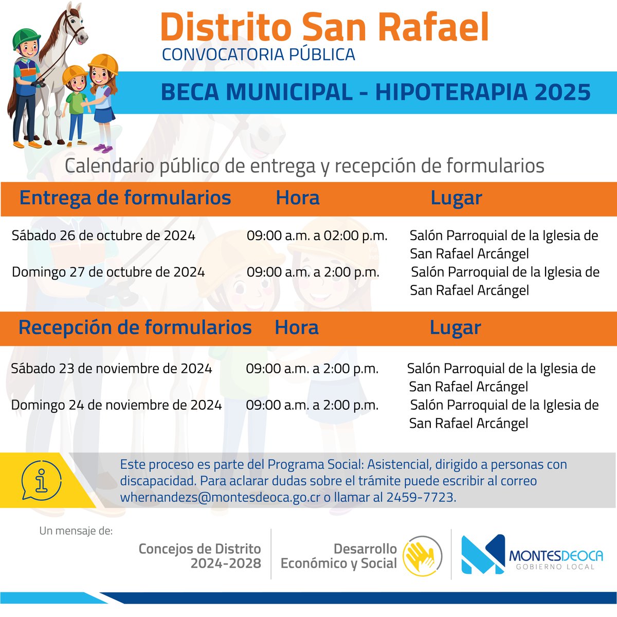 #convocatoriapública 🔉Se informa sobre el proceso de solicitud de Beca Hipoterapia 2025. Interesados deben consultar las fechas de entrega y recepción de formularios en:
montesdeoca.go.cr/noticias/actua…