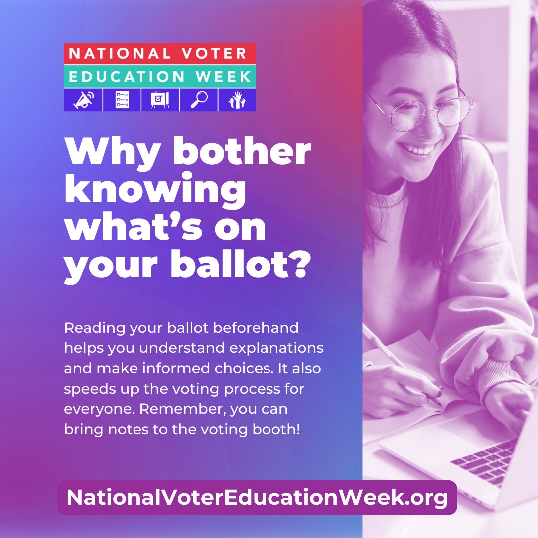 Received your ballot for this fall? Do you know what’s on it? Learn all you need to know during #NationalVoterEducationWeek at bit.ly/48axnI7!