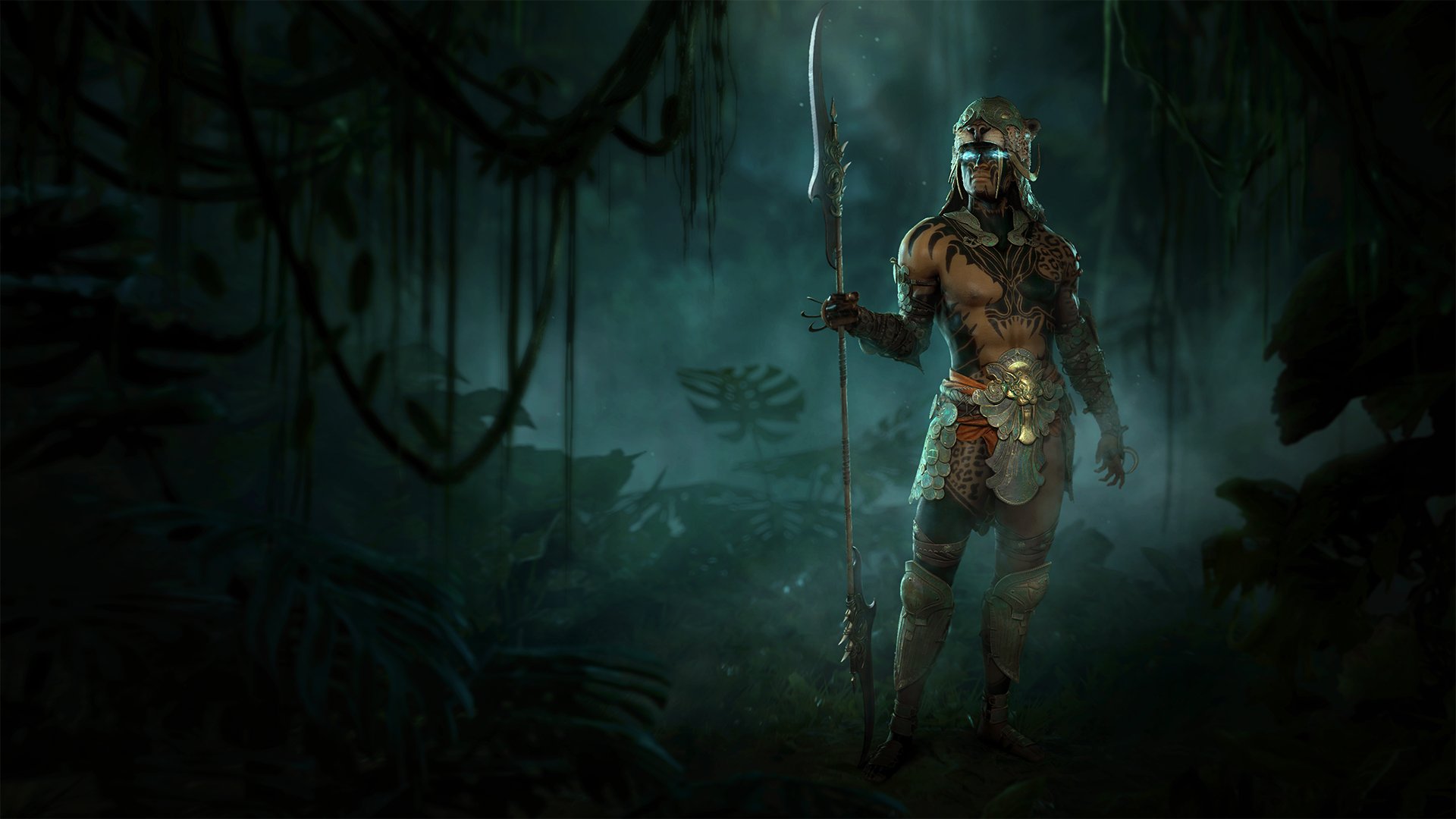 A Spiritborn from Diablo IV stands against a background of dense, dark jungle. He wears ornate green armor, a leopard headdress, and his body is covered in tattoos that look similar to the spots of a leopard. In one hand he holds a massive glaive. His eyes glow an ethereal blue. 
