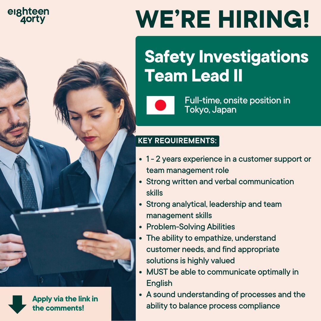 1840andCompany's tweet image. We are currently seeking a Safety Investigations Team Lead II to join our client&apos;s team onsite in Tokyo, Japan.

Learn more and apply here 👉 bit.ly/3U6EBqJ 

#SafetyInvestigationsTeamLead #Onsiteposition #Tokyo #Japan #WeAreHiring #JoinOurTeam