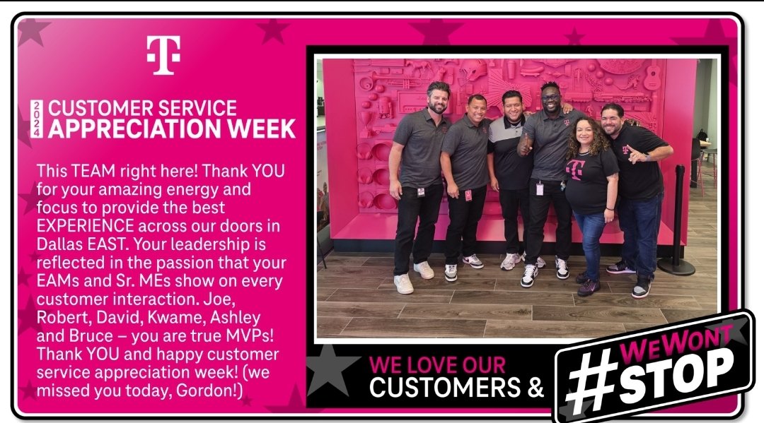 Andres Aldana (@thealdanski) on Twitter photo A big shout out to the ESM team out of Dallas EAST - Joe, Robert, David, Kwame, Ashley, Bruce and Gordon, Thank YOU for EVERYTHING you do to lead and support your teams to provide the BEST EXPERIENCE for our customers. 🤠⭐️ #HappyCustomerServiceWeek
<a href="/pattyc101/">Patty Barbosa</a> <a href="/domjrcoleman/">Dom Coleman</a> A big shout out to the ESM team out of Dallas EAST - Joe, Robert, David, Kwame, Ashley, Bruce and Gordon, Thank YOU for EVERYTHING you do to lead and support your teams to provide the BEST EXPERIENCE for our customers. 🤠⭐️ #HappyCustomerServiceWeek
<a href="/pattyc101/">Patty Barbosa</a> <a href="/domjrcoleman/">Dom Coleman</a>