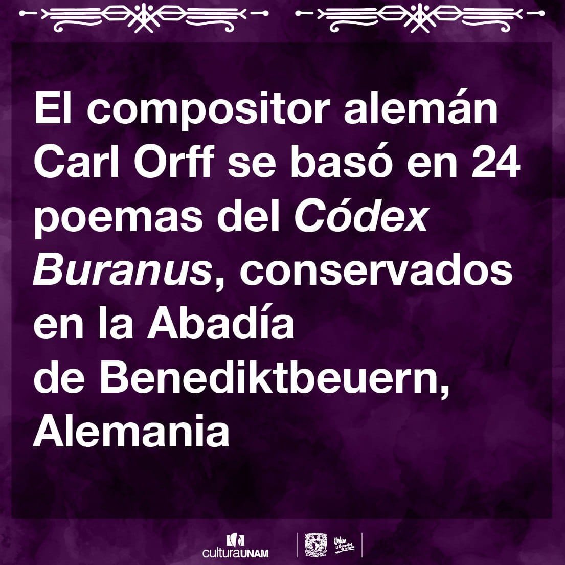 CulturaUNAM's tweet photo. ❤🍷🌿💫 ¡El @TCUNAMOficial  presenta 'Carmina Burana' en el #FestivalCulturaUNAM! 
Gozaremos la fuerza coral y musical de esta cantata de Carl Orff, basada en poemas medievales que celebran el placer.

📆Oct 13, 12:30 y 4 pm, Sala Covarrubias
https://t.co/w9apSfiTQb 
@DanzaUNAM https://t.co/PWQhViD3TZ