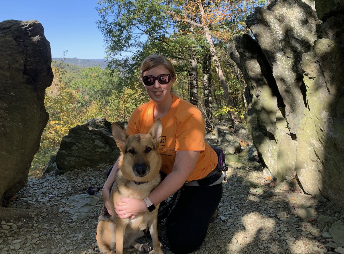 For mental health awareness day, we went to the national park!

Here's a photo of Zora (our german shepherd dog) and I at one of the vistas. And I'm wearing the #WPA11yDay t-shirt! Focus state: it's a feature, not a bug.