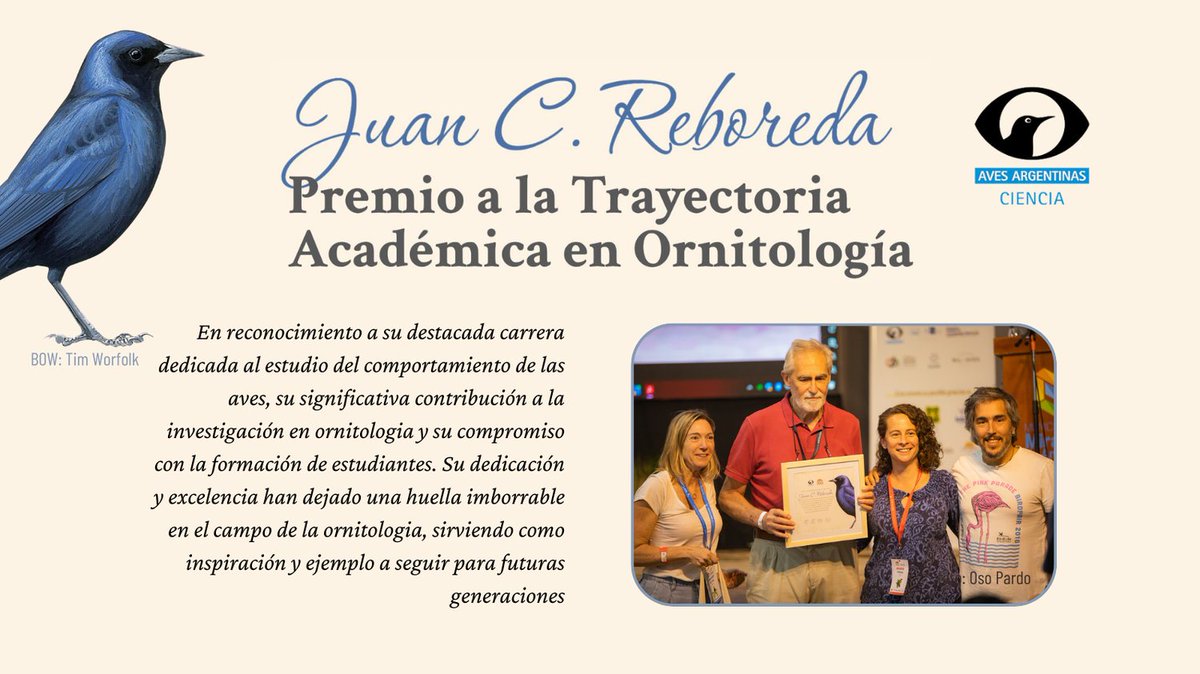 Felicitamos al profesor emérito <a href="/JCReboreda/">Juan Carlos Reboreda</a> por el premio de la trayectoria Académica en Ornitología otorgado por el Departamento Científico de <a href="/AvesArgentinas/">Aves Argentinas</a> durante la  #RAO2024