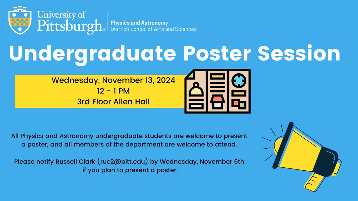The biannual Physics &amp; Astronomy Undergraduate Poster Session is coming up! See more details here: physicsandastronomy.pitt.edu/events/undergr…