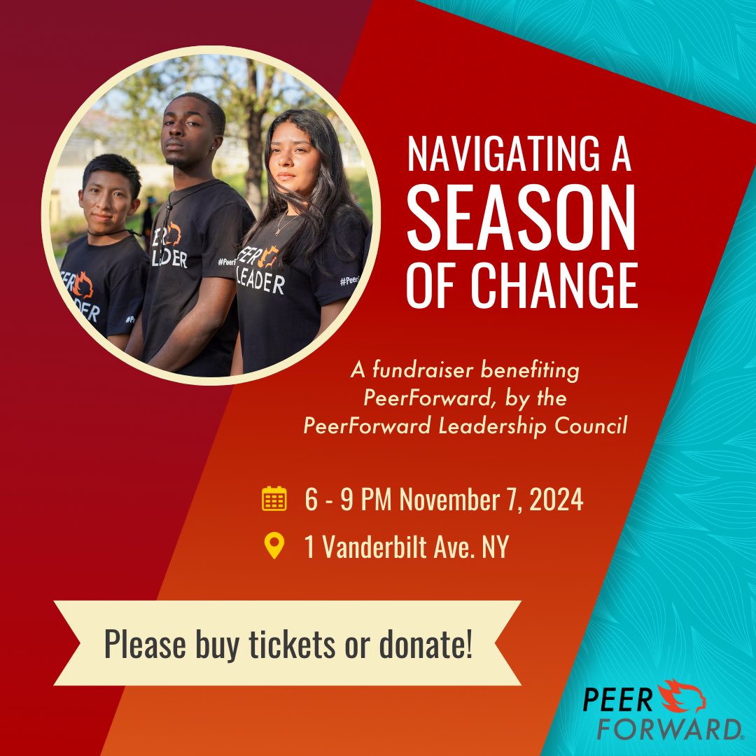 PeerForward's tweet image. It’s officially fall, which means it is time for another PeerForward Leadership Council fundraiser! 🍂🎃 This year’s theme is “Navigating a Season of Change.” Buy tickets and donate here: secure.givelively.org/event/peerforw… 

#fundraiser #peerforward #peerleaders