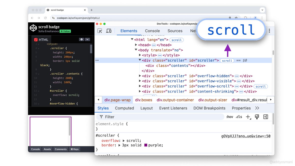 addyosmani's tweet image. Tip: @ChromeDevTools now badges elements with scroll overflow! 📜
The Elements panel in Chrome DevTools now marks elements with a new 'scroll' badge when they contain overflowing content and have overflow: scroll or overflow: auto. This makes it a breeze to identify and address…