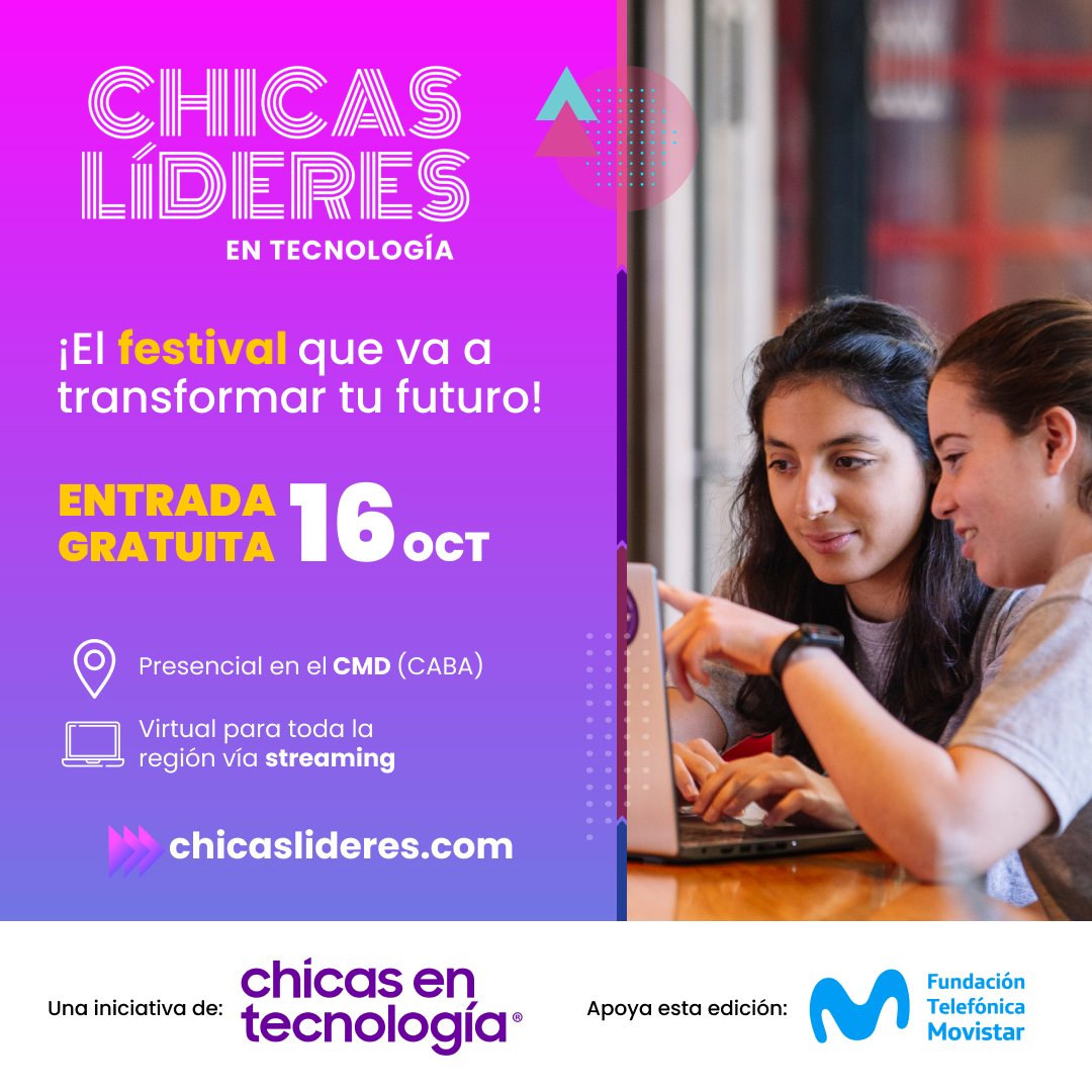 fmovistararg's tweet photo. ¡Vení a la nueva edición de Chicas Líderes en Tecnología! 🚀 

El festival convoca a jóvenes de 13 a 23 años y busca inspirar vocaciones de mujeres en áreas STEM. Desde Fundación Telefónica Movistar nos sumamos con "Codeando con Shader" una experiencia donde combinamos aprendizajes de programación y animación de visuales en vivo.  

👉 Miércoles 16 de octubre. Inscribite en: https://t.co/ywH6eRDAXS