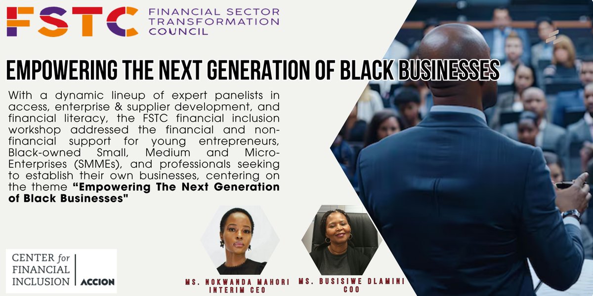 Center for Financial Inclusion (CFI) (@cfi_accion) on Twitter photo ⭐ Featured #FIW24 on-demand ⭐
This session addresses the financial and non-financial support of #youngentrepreneurs, #blackownedbusinesses, and professionals seeking to establish their businesses.
Watch now ➡️ bit.ly/400xqEn
Session by <a href="/the_fstc/">Financial Sector Transformation Council</a>
#FinclusionWeek ⭐ Featured #FIW24 on-demand ⭐
This session addresses the financial and non-financial support of #youngentrepreneurs, #blackownedbusinesses, and professionals seeking to establish their businesses.
Watch now ➡️ bit.ly/400xqEn
Session by <a href="/the_fstc/">Financial Sector Transformation Council</a>
#FinclusionWeek
