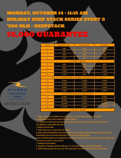The HOLIDAY RUSH IS BACK THIS WEEKEND!!! 3 Events Oct 12-14!!! $250 Mini-Monster Stack kicks it off Saturday!!! Sunday $250 Black Chip Bounty &amp; Monday $200 Deepstack!!! $15K GTD's!!! Come join the RUSH!!!
<a href="/riverscasinophl/">Rivers Casino Philadelphia</a> <a href="/riverspokerphl/">Rivers Philadelphia Poker Room</a> <a href="/DGRUBB27/">David Grubb</a>