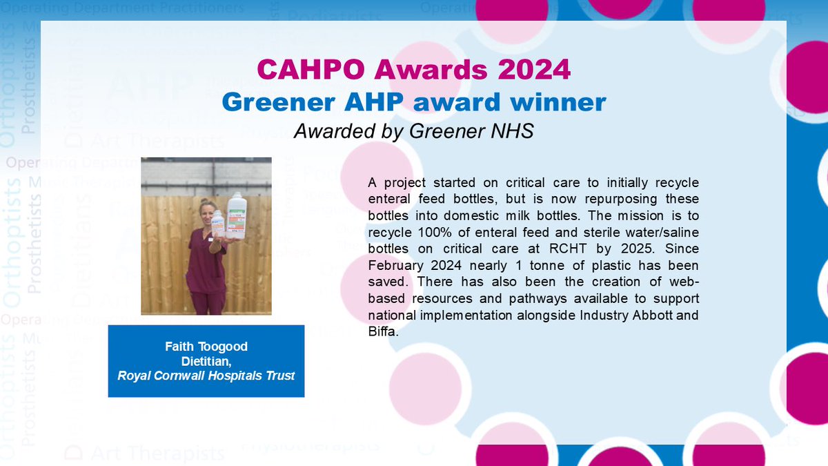 ✨#CAHPOAwards 2024✨

🍃#GreenerAHP Award Winner
 
<a href="/faithtoogood/">Faith Toogood</a> <a href="/WeAHPs/">WeAHPs 💙</a> <a href="/GreenerNHS/">Greener NHS</a>