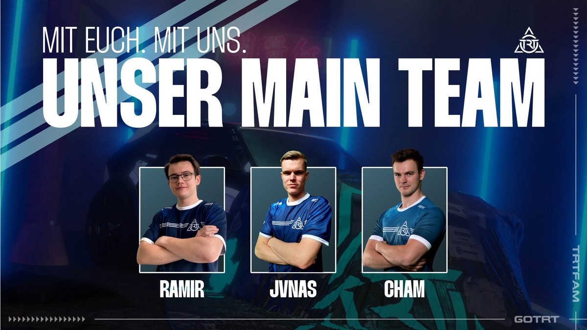 Punkt 20 Uhr, Zeit für die große Ankündigung 👀

Wir dürfen euch mit großem Stolz unser Main-Team für die erste <a href="/RivalRushRL/">Rival Rush</a> Div 1 Season präsentieren 🥳

🏎️⚽️@Lxmethling07 
🏎️⚽️<a href="/cham_rl/">Cham</a> 
🏎️⚽️ <a href="/JvnasR/">JvnasRL</a> 
🏎️⚽️ <a href="/SycoRL/">SycoRL</a> 
🏎️⚽️ <a href="/saphiix_/">saphiix</a> 

Das erste Ligaspiel kann damit kommen! #GoTRT