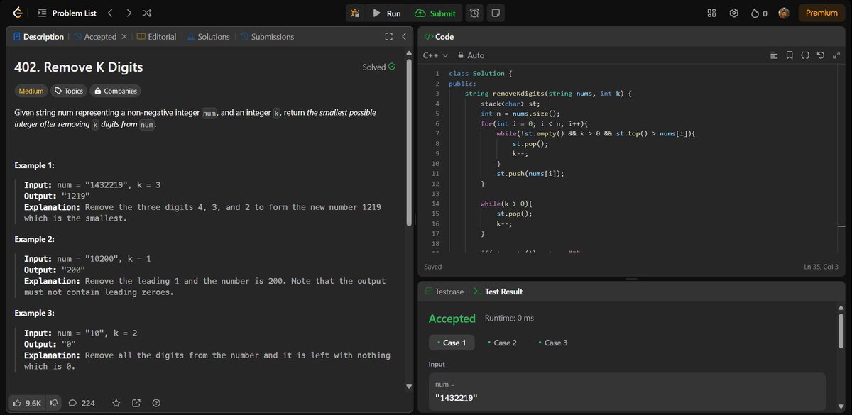 Parth_7973's tweet photo. Day 59/100               
📅Solved 1 problem on #leetcode 
☑️Remove K Digits

#100DaysOfCode #Algorithms #DataStructures #programming #CodeEveryday #100daysofcodechallenge #TechJourney #DSA #DailyProgress https://t.co/fZHHKnck46