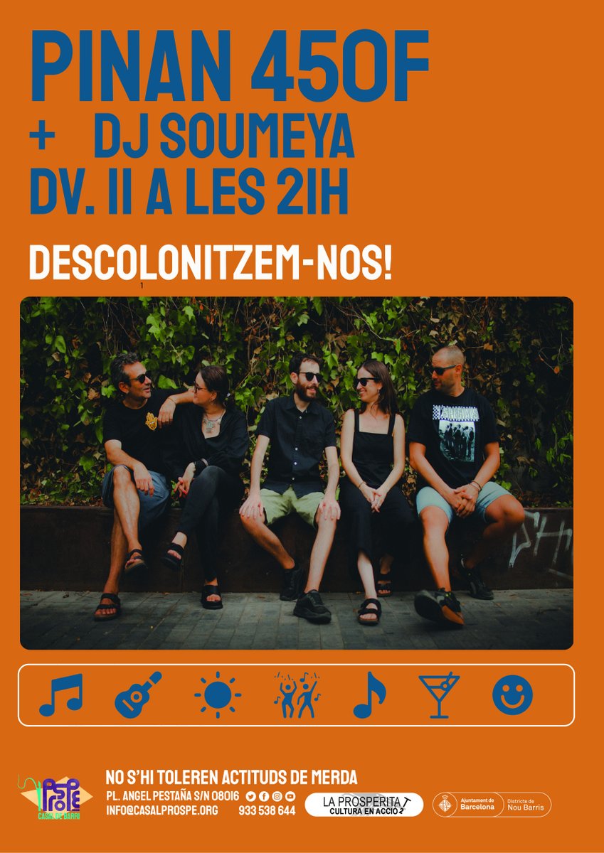 ✊🏽 Arriba la 2a edició de la #FestaDeLesCultures!

🗓️ Divendres 11 d'octubre

🕠 17.30 h: Homenatge a 9B Acull

💃🏽 18 h: Danses del món

🎤 21 h: Concert de <a href="/pinan450f/">PINAN450F</a> i DJ Soumeya

🔗 + info: casalprospe.org/esdeveniments/…

ℹ️ Organitza: <a href="/prosperistan/">Associació Veïnal de Prosperitat-Nou Barris</a> i Casal de Barri #Prosperitat