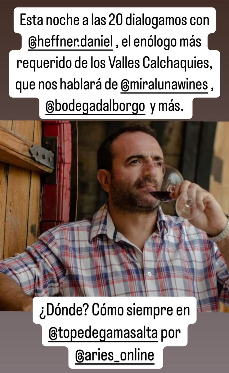 Tope De Gama (@topedegamasalta) on Twitter photo Esta noche a las 20 dialogamos con <a href="/DanielHeffner8/">Daniel Heffner</a>, el enólogo que nos hablará de <a href="/miralunawines/">Bodega Miraluna</a>, Dal Borgo, Vasija Secreta, Nueve Cumbres y más. Como siempre en <a href="/topedegamasalta/">Tope De Gama</a> por ariesonline.com.ar con los Sommeliers y Periodistas <a href="/aleabrahamsalta/">Alejandro - ElViajeroSerial.com</a> y Caro Pavicevich Esta noche a las 20 dialogamos con <a href="/DanielHeffner8/">Daniel Heffner</a>, el enólogo que nos hablará de <a href="/miralunawines/">Bodega Miraluna</a>, Dal Borgo, Vasija Secreta, Nueve Cumbres y más. Como siempre en <a href="/topedegamasalta/">Tope De Gama</a> por ariesonline.com.ar con los Sommeliers y Periodistas <a href="/aleabrahamsalta/">Alejandro - ElViajeroSerial.com</a> y Caro Pavicevich