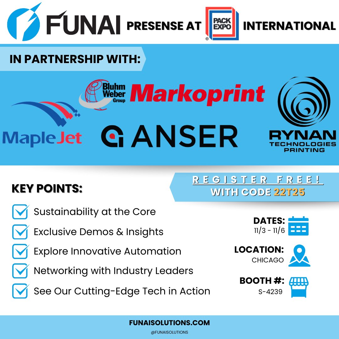 FunaiSolutions's tweet image. 🌟 Get ready to explore the future of packaging and coding at PACK EXPO International 2024 in Chicago! 🌟
📅 November 3-6, 2024
📍 McCormick Place, Chicago