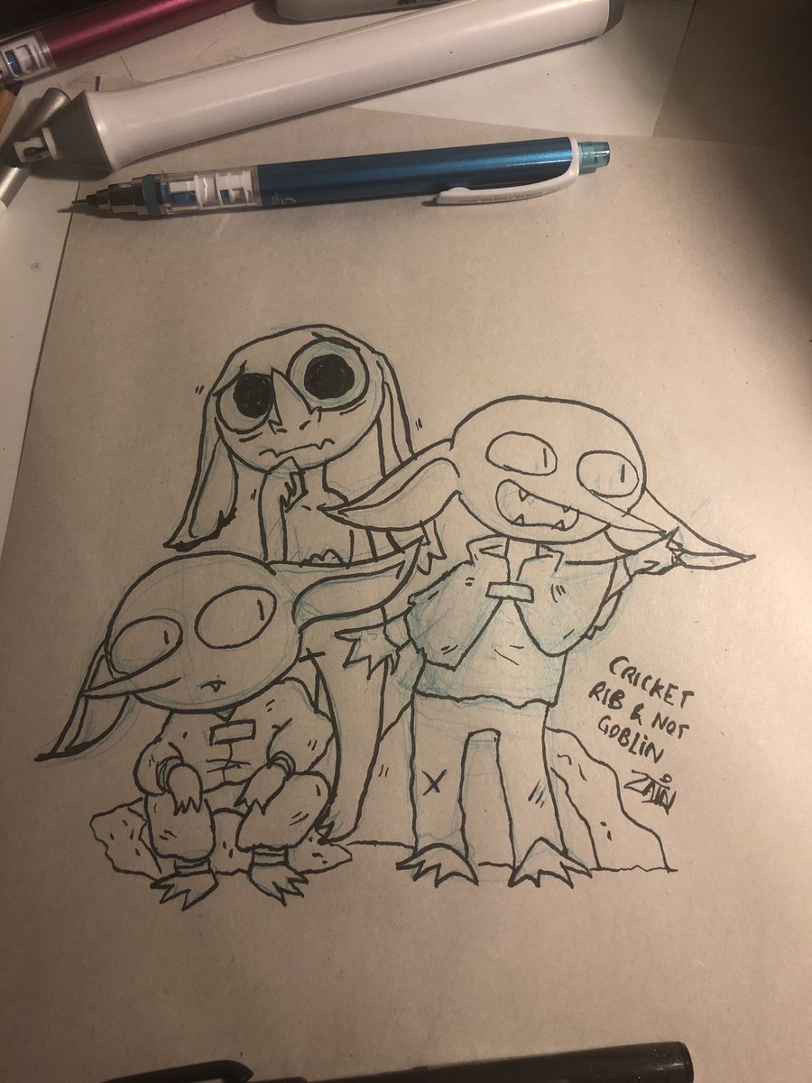 #gobtober2024 Day 3: <a href="/_pocketss/">pocketss</a> Goblins, Cricket, Rib and the not goblin thing #inktober2024 #Gobtober