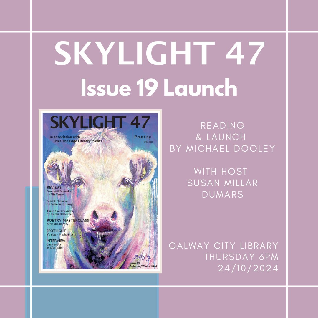 We are delighted to release the launch details for Issue 19! Hosted by Susan Millar DuMars and featuring a reading by poet Michael Dooley, it will be a great evening of poetry again in #Galway. See you in the library on 24th October at 6PM!