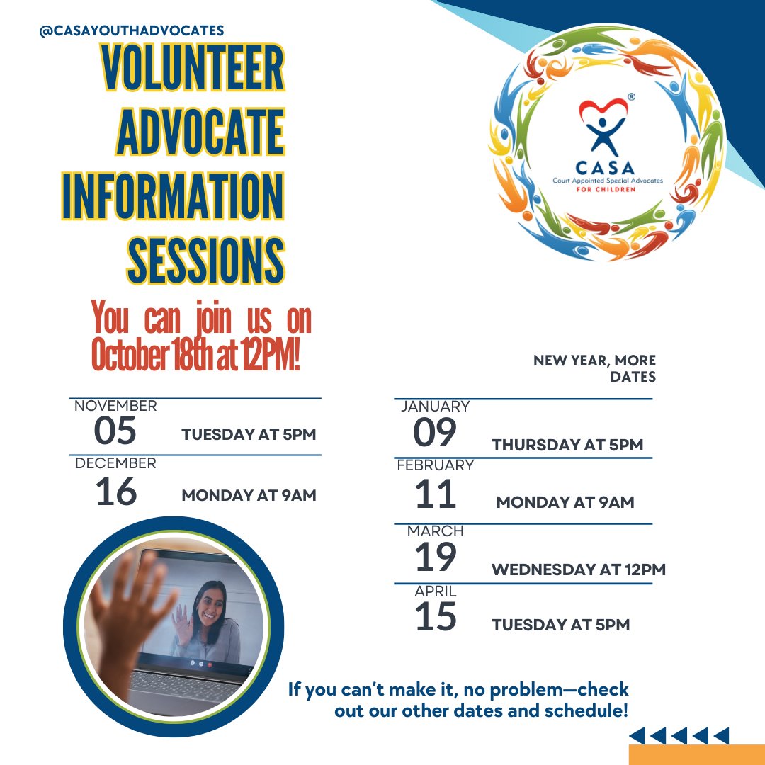 CASA Youth Advocates (@delcocasapa) on Twitter photo On #WorldMentalHealthDay, we want to highlight the importance of mental health for the youth we serve. Our Advocates provide support and stability as young people navigate life’s challenges.
Want to learn more? Join us on October 18th at 12 PM for an info session!
Check our bio. On #WorldMentalHealthDay, we want to highlight the importance of mental health for the youth we serve. Our Advocates provide support and stability as young people navigate life’s challenges.
Want to learn more? Join us on October 18th at 12 PM for an info session!
Check our bio.