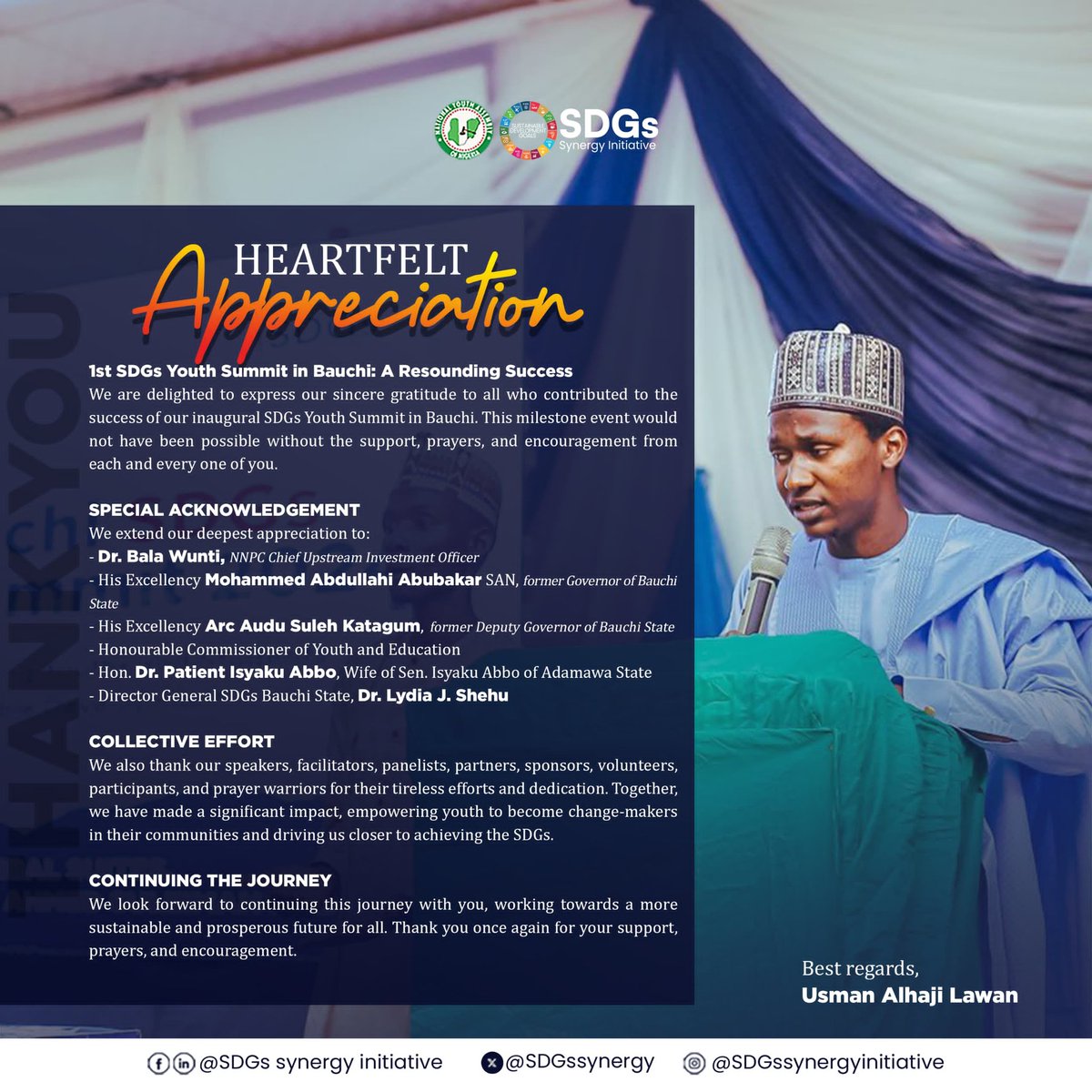 usmern_alh's tweet photo. Bauchi SDGs Youth Summit: A milestone achieved, leaving a lasting legacy in the hearts of youth for sustainable development!

@SustDev @AminaJMohammed @UNDPNigeria 
@UNDPClimate https://t.co/PXUKDl7dqk