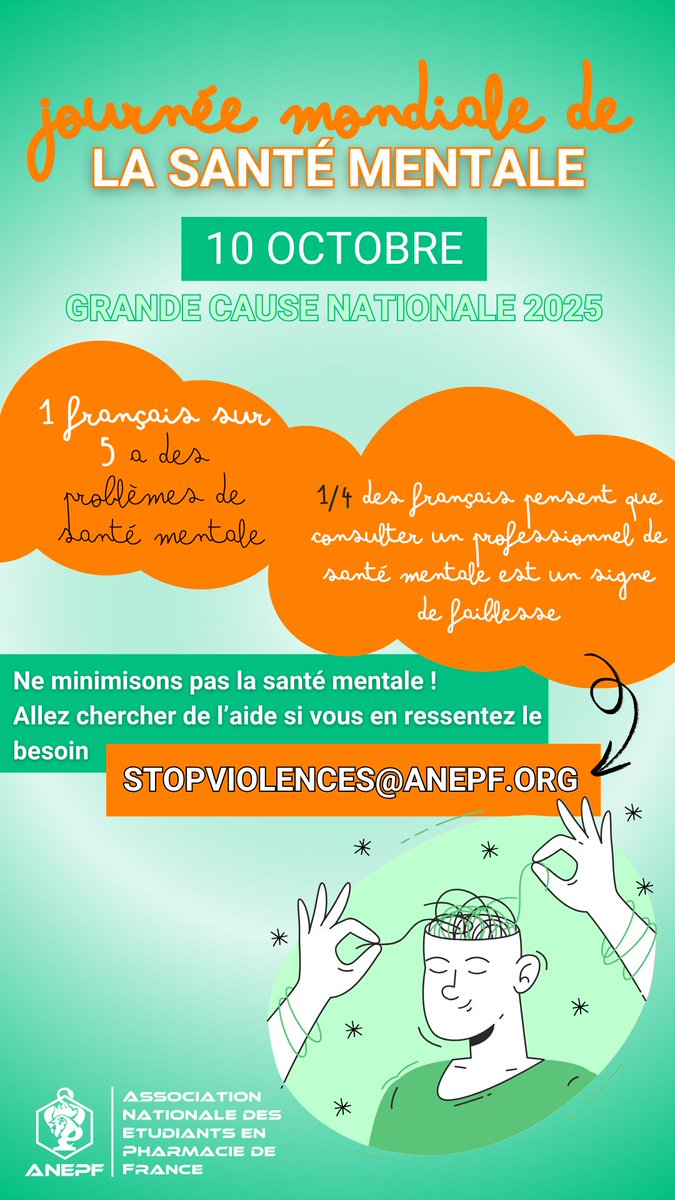 Journée de la #SantéMentale : 
🔸Les enquête Bien-être des étudiants en pharmacie 2019 et 2021 de l'ANEPF : nous alertaient de l'importance du sujet 
🔸2024 : La Santé Mentale comme grande cause nationale. Les choses changent, continuons à oeuvrer pour le bien-être de tous.