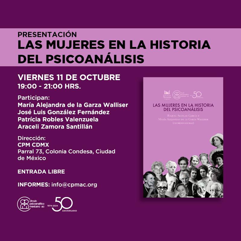 No pierdas la oportunidad de asistir a la presentación de "Las Mujeres en la Historia del Psicoanálisis", este libro pone en valor las contribuciones fundamentales de las mujeres al psicoanálisis.

📅 11 de octubre, 19h. 
📍 CPM CDMX, Parral 73, Colonia Condesa
Entrada libre.