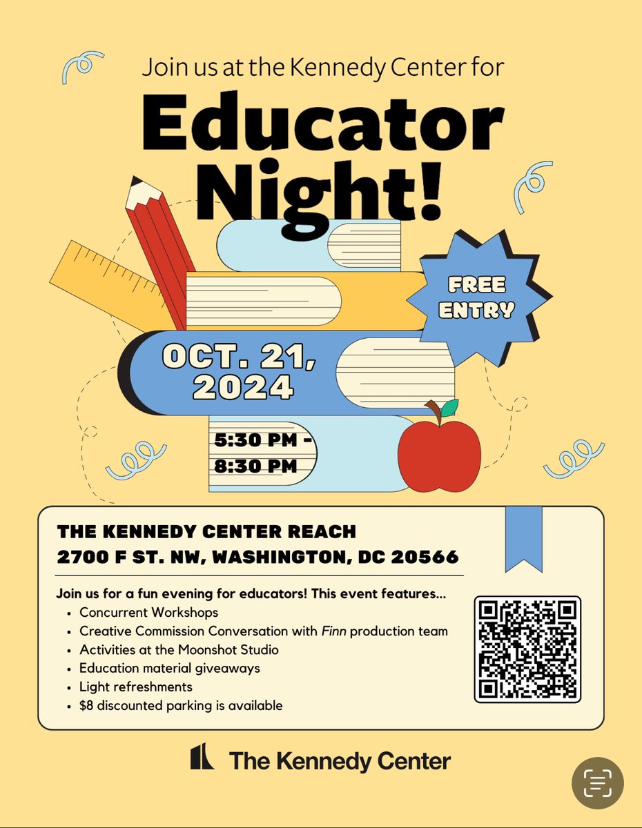DMV Teachers! Join us for Educators Night at the Kennedy Center on Oct 21, 5:30-8:30 PM!

Workshops, Finn production team talk, hands-on activities, giveaways, &amp; more! Plus, $8 parking &amp; light refreshments.

RSVP now and bring your passion for education to life! 
 #KCED