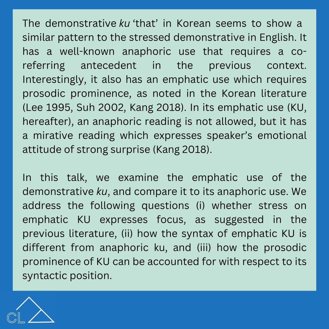 We're excited to announce the next talk in our Linguistics Colloquium Series!  

Demonstrative ku in Korean: Its syntax and prosody

Dr. Kyumin Kim (Chungbuk National University) and Dr. Emily Elfner (York University)

Friday, October 18 | 3:30pm | CHE 212