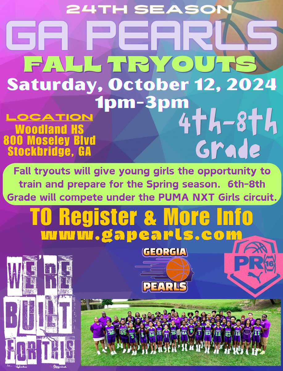 GA_pearls's tweet photo. FALL TRYOUTS THIS SATURDAY!! 
GA Pearls 4th-8th grd. Oct. 12th. @ Woodland HS
🏀Servicing  GA Southside for 24 Years!
✅Competitive Christian Environment 
✅ Skill Dev &amp; Increase bball IQ
✅ PUMA NXT Circuit @PRO16G
Reg. &amp; More info https://t.co/CwrcklMPV0
Secure your spot early! https://t.co/tYehGe5QgF