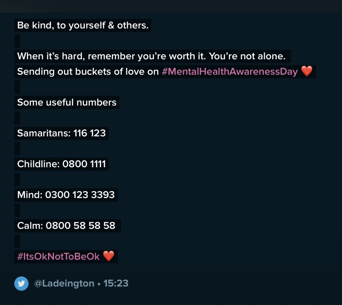 Ladeington's tweet photo. Both @MindCharity &amp; the @samaritans  have helped me &amp; my family at various times through this particularly challenging year, and today &amp; every day I think these free resources should be supported &amp; available ❤️ #WorldMentalHealthDay https://t.co/9e8ogd1ggb