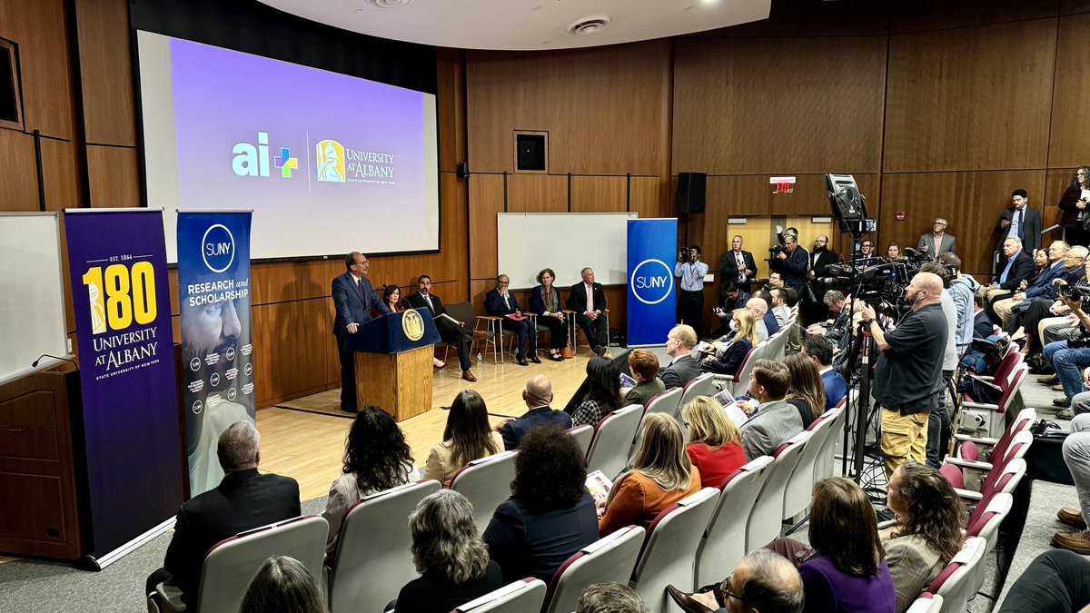 ualbany's tweet photo. HAPPENING NOW: @GovKathyHochul and @SUNY Chancellor @JohnBKing are joining @HavidanUAlbany to unveil UAlbany’s powerful new #AI supercomputer — a major step forward for our AI Plus initiative! https://t.co/sZ25wPU0Cd