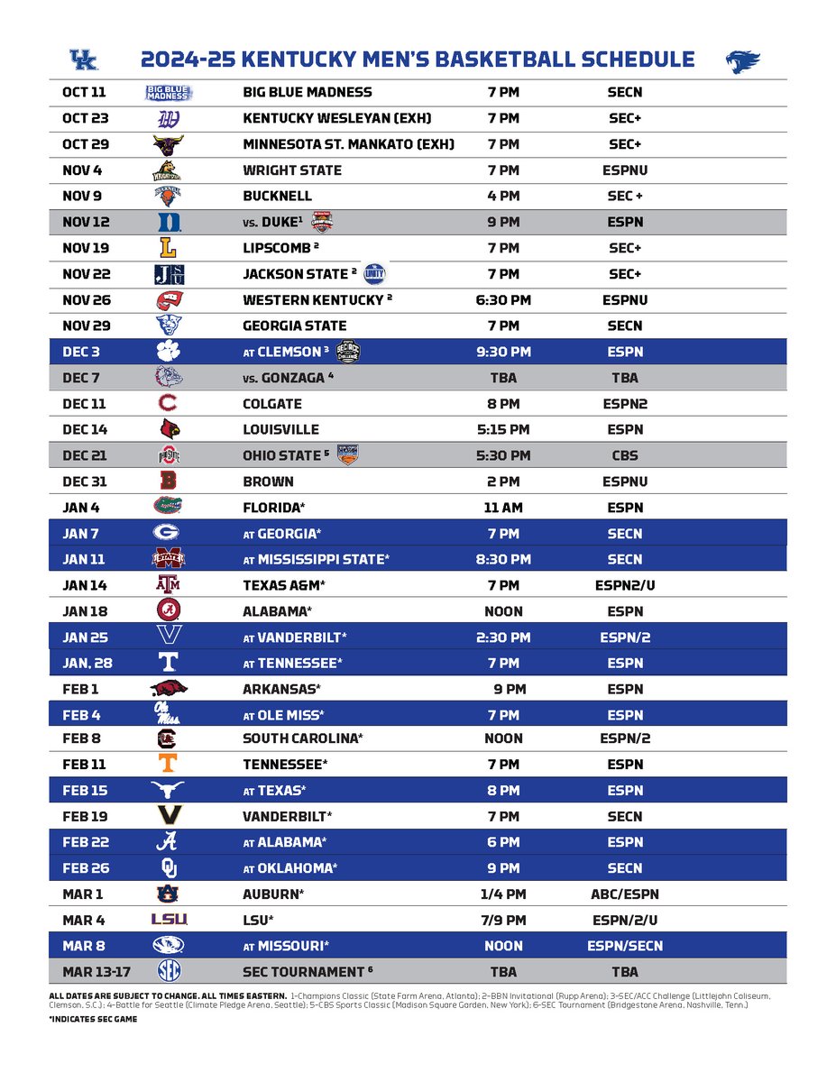 2024-25 Kentucky Men's Basketball Schedule ✨with tip times and TV designations ✨

📰🔗 - ukathletics.com/sports/mbball/…