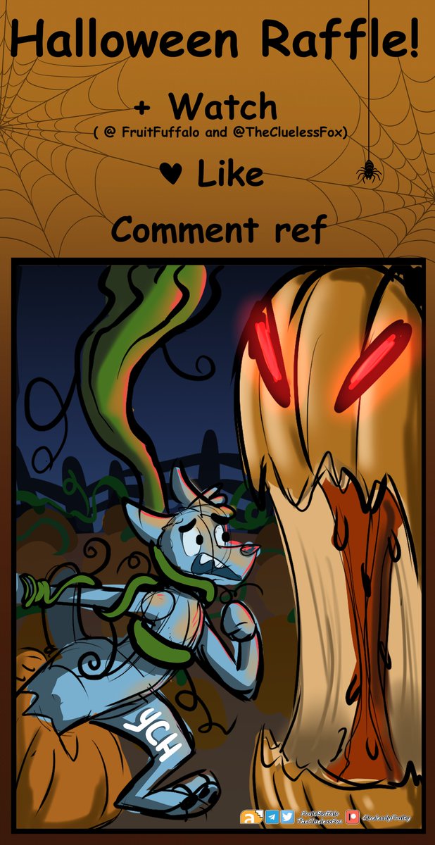 Halloween Raffle!!

collaboration between 
<a href="/FruitBuffalo/">Fruitbuffalo ~ 🔞</a> and <a href="/TheCluelessFox/">TheCluelessFox 🔞</a>

follow the link to enter!! 
furaffinity.net/view/58415507/

#Halloween #furry #art #raffle #free #Collaboration