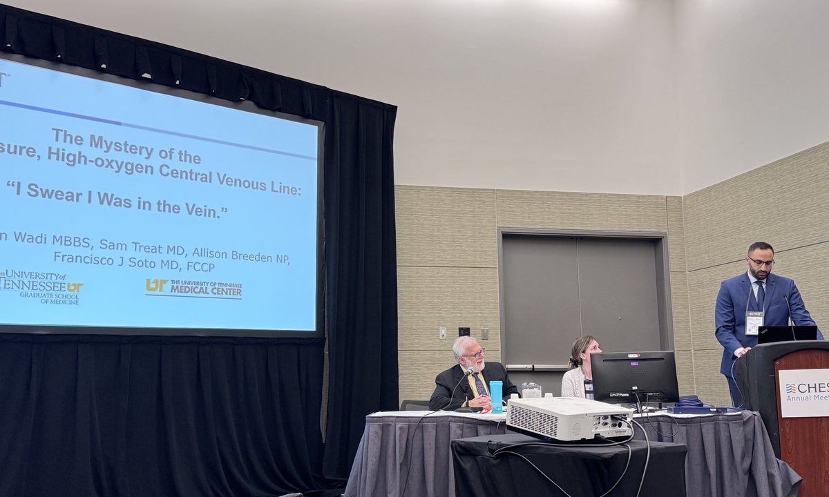 UTK_PCCM's tweet image. Superb Rapid-Fire presentation by our 2nd-year fellow Dr Ghassan Wadi at @accpchest #CHEST2024 on:
“THE MYSTERY OF THE LOW-PRESSURE, HIGH-OXYGEN CENTRAL VENOUS LINE: I SWEAR THE LINE WAS IN THE VEIN”
Great delivery! Made us proud!