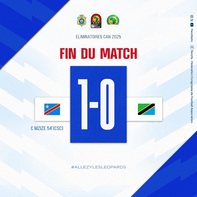 Fin du match au Stade des Martyrs, les Léopards  en liesse avec une nouvelle victoire face à la Tanzanie ! ✅

🏁 𝗥𝗗 𝗖𝗼𝗻𝗴𝗼 🇨🇩 𝑽𝒔 🇹🇿 Tanzanie 1:0 FT