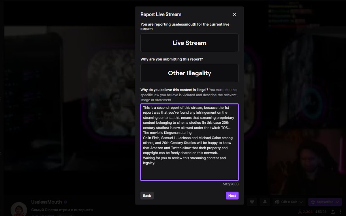 Luis Pedro (@lpedrop) on Twitter photo So... I've reported an online stream on <a href="/Twitch/">Twitch</a>, a guy was streaming the movie 'Kingsman' from <a href="/20thcentury/">20th Century Studios</a> , but their analysis was that there was no infringement on the terms and content being streamed... I guess it's now possible to stream movies on Twitch... Thanks <a href="/awscloud/">Amazon Web Services</a> So... I've reported an online stream on <a href="/Twitch/">Twitch</a>, a guy was streaming the movie 'Kingsman' from <a href="/20thcentury/">20th Century Studios</a> , but their analysis was that there was no infringement on the terms and content being streamed... I guess it's now possible to stream movies on Twitch... Thanks <a href="/awscloud/">Amazon Web Services</a>