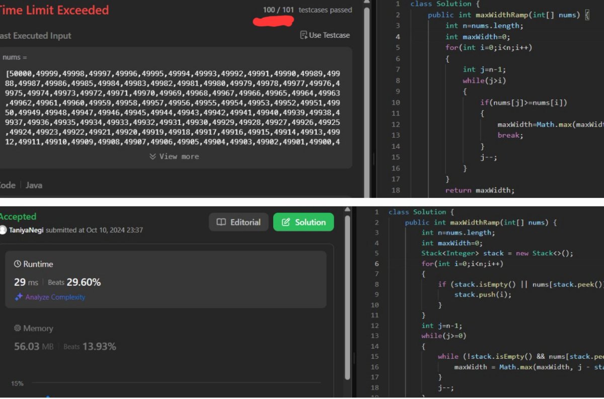 TaniyaN05640017's tweet image. 🎉 Day 180 of #200DaysOfCodeChallenge
💻 📚 Got a bit of a gap in between my exam prep, so I used the time to solve a array problem on LeetCode!
🚀
Close enough with the bruteforce😅
#200daysofcoding #LeetCode #StudyBreak #ProblemSolving #Exams #Practice
