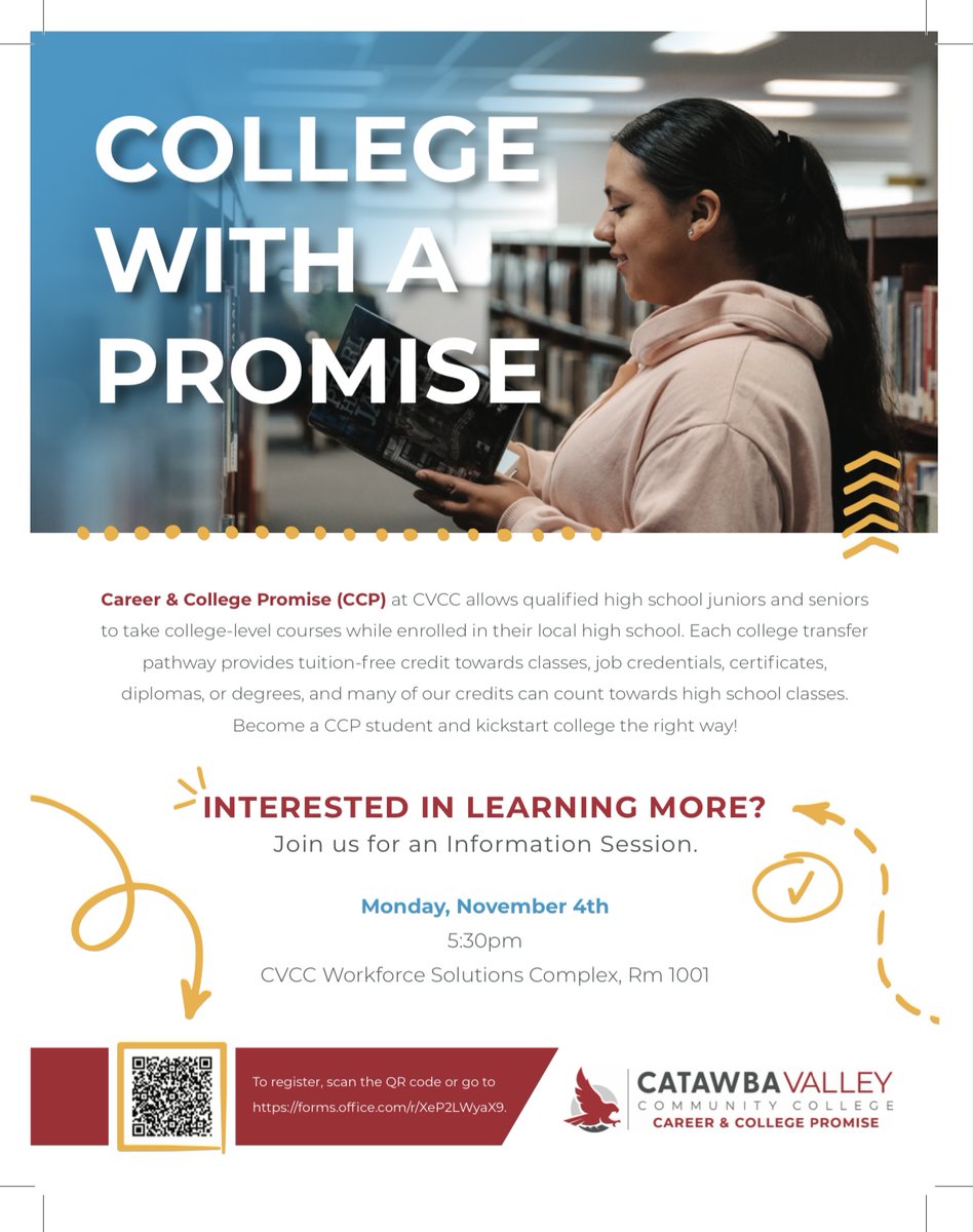 Career &amp; College Promise (CCP) at CVCC allows qualified high school juniors and seniors to take college-level courses while enrolled in the high school.
Information Session on Monday, November 4 at 5:30 pm. Session will be held in the CVCC Workforce Solutions Complex, Room 1001.