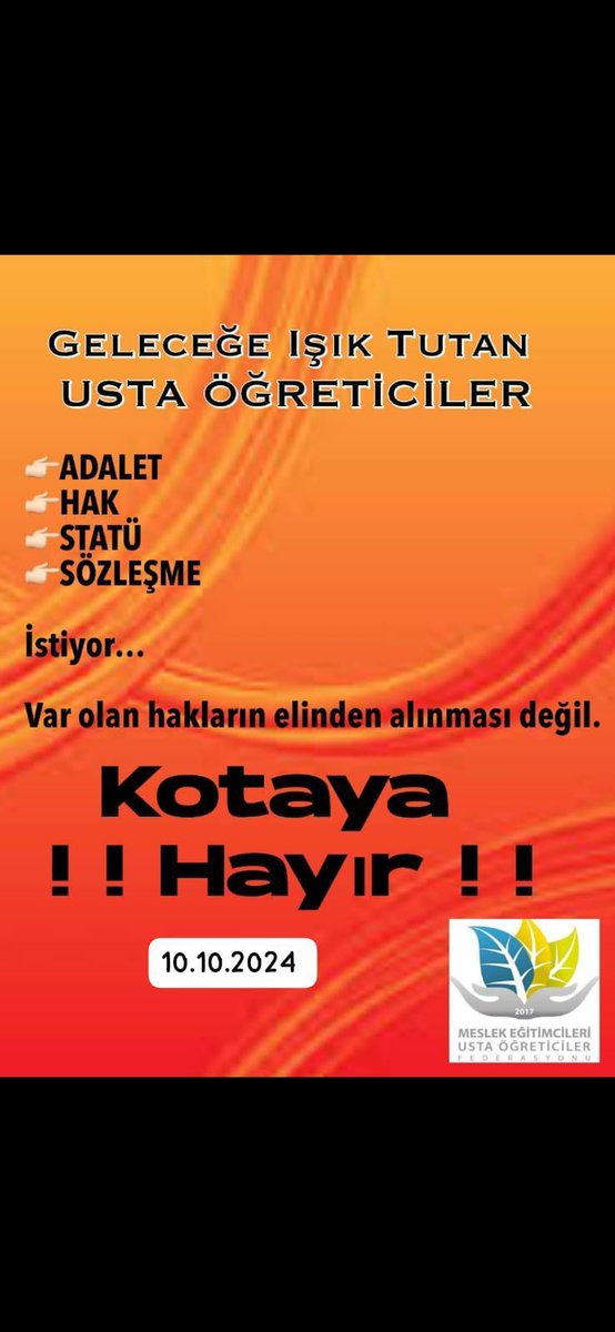 Hakkımız olan statü yok
Adaletsizlik var
Kota var
Tam sigorta yok 
Bayramlarda kesilen ücretler var
#UstaöğreticilerSusmayacak
HAYAT BOYU
<a href="/RTErdogan/">Recep Tayyip Erdoğan</a> 
<a href="/Yusuf__Tekin/">Yusuf Tekin</a> 
<a href="/_aliyalcin_/">Ali YALÇIN</a> 
<a href="/dbdevletbahceli/">Devlet Bahçeli</a> 
<a href="/tcmeb/">Millî Eğitim Bakanlığı</a> 
<a href="/TBMMresmi/">TBMM</a> 
<a href="/bbpgenelmerkez/">BÜYÜK BİRLİK PARTİSİ</a>